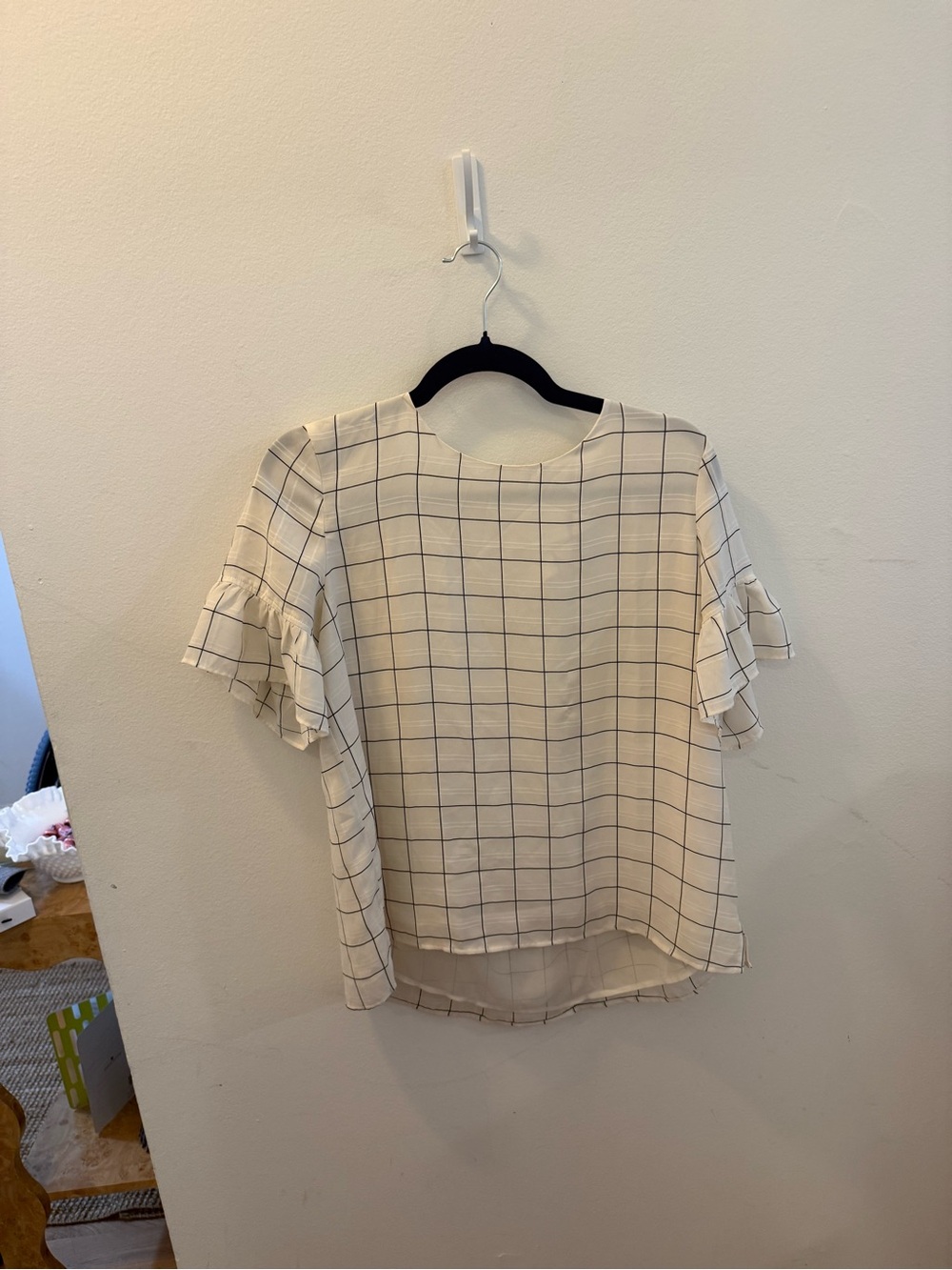 LOFT Cream Blouse with Navy Windowpane and Ruffle Sleeves
